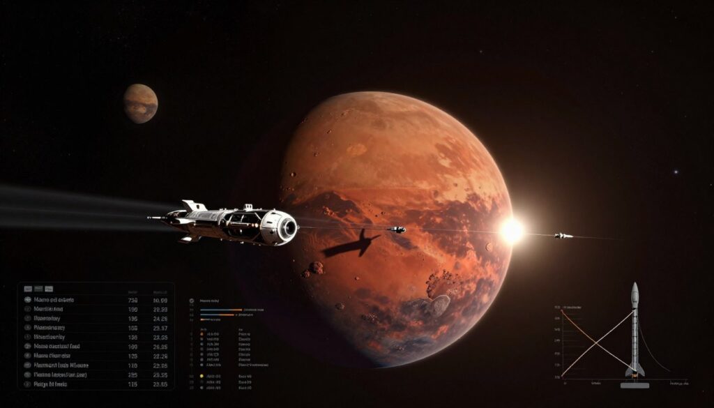 A futuristic spacecraft flying through the vastness of space, approaching Mars against a backdrop of stars and distant galaxies. In the foreground, detailed illustrations of mission data and timelines for Mars travel are subtly integrated, showcasing rocket trajectories and mission durations. The middle ground features the red planet, Mars, with its rugged terrain and distinct rust-colored surface, illuminated by a bright sun casting dramatic shadows. The background is a deep black space with twinkling stars, creating a sense of depth and wonder. The atmosphere is one of exploration and discovery, with the lighting highlighting the spacecraft's sleek design and the majesty of space travel. The scene conveys a sense of the technological marvel of interplanetary travel, suggesting the excitement and challenges of missions to Mars.