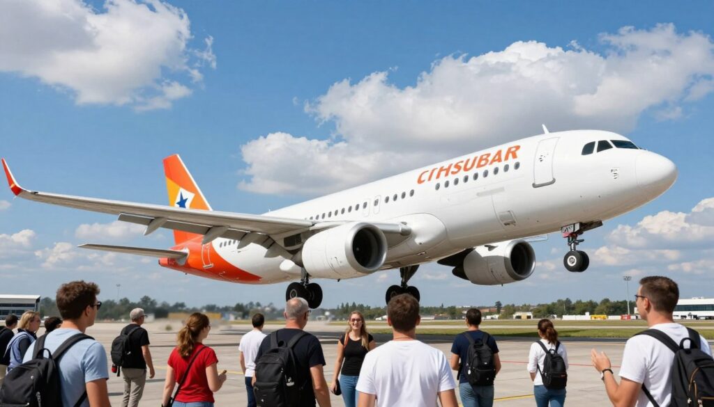 A modern airplane taking off from a busy airport in Poland, with passengers boarding in the foreground wearing smart casual clothing, excitement on their faces. In the middle ground, the aircraft is displayed in sharp detail, showcasing its sleek design and vibrant airline colors. The background features a clear blue sky with fluffy white clouds, symbolizing the journey ahead to Tunisia. The lighting is bright and sunny, enhancing the atmosphere of travel and adventure. Capture the moment from a low-angle perspective to emphasize the airplane's ascent, conveying a sense of freedom and anticipation as travelers embark on their direct flight to Tunisia.