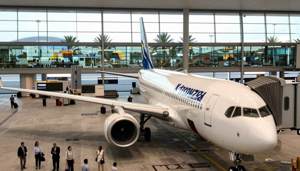 A modern airport scene depicting a direct flight from Katowice to Dubai. In the foreground, a sleek airplane with a distinctive airline logo is parked at the gate, ready for boarding. Passengers, dressed in professional business attire and moderate casual clothing, eagerly wait in a calm atmosphere. In the middle ground, an illuminated airport terminal features large glass windows showcasing a sunny day, with reflections of palm trees in the background, hinting at Dubai's warm climate. The background presents the bustling airport with travelers rolling their luggage and airport staff assisting them. Soft, natural lighting conveys a sense of anticipation and excitement, enhancing the travel ambiance. The perspective is slightly low-angle, capturing the grandeur of the airplane and terminal.