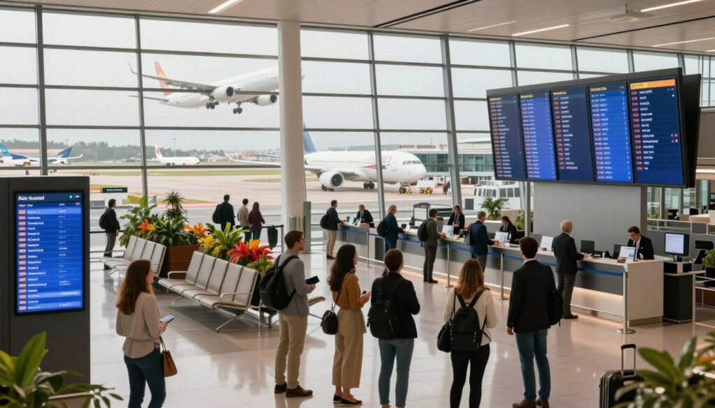 A modern airport terminal bustling with activity, showcasing large windows that reveal planes taking off in the background. In the foreground, a diverse group of travelers in smart casual clothing examines flight information on a digital display. The middle ground features sleek, contemporary seating areas with vibrant plants, and staff assisting passengers at check-in counters. Soft, natural lighting streams in from the large windows, creating a warm and welcoming atmosphere. In the background, various airplanes are lined up on the runway, symbolizing different destinations in Spain like Barcelona, Madrid, and Malaga. The image captures the anticipation of travel and the excitement of reaching new destinations.