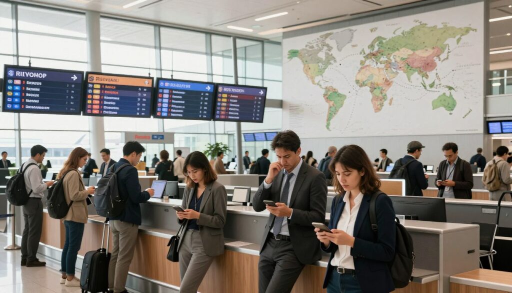 A modern airport terminal bustling with travelers making connections. In the foreground, a diverse group of passengers in business attire are checking flight information on their devices, discussing their itineraries with expressions of anticipation and curiosity. In the middle, a row of airline counters showcases digital displays of flight routes with arrows indicating stopovers, emphasizing the concept of connecting flights. Bright, natural light floods the space through large windows, creating a warm, inviting atmosphere. In the background, a large map on the wall highlights various international destinations linked by dotted lines representing layovers. The scene captures the essence of modern air travel, juxtaposing direct flights with the complexities of itinerant journeys, all framed in a wide-angle shot that invites exploration.