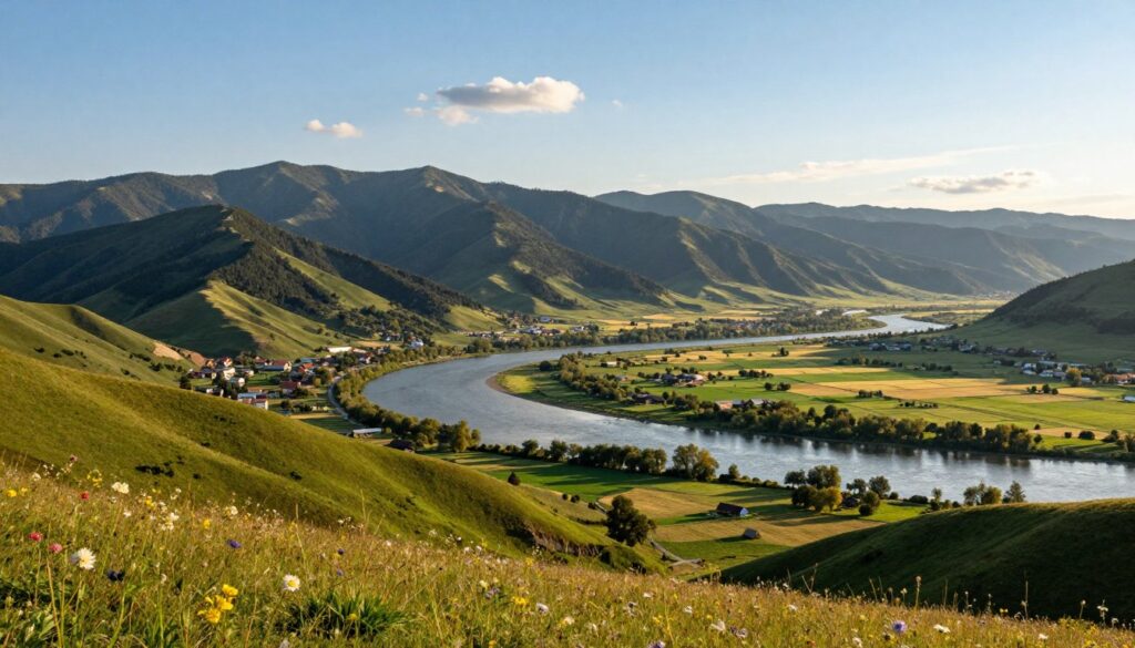 A panoramic view capturing the border landscape between Romania and Ukraine, showcasing the lush valleys of Bukowina and the majestic Eastern Carpathians. In the foreground, depict rolling hills adorned with vibrant wildflowers and grazing fields, hinting at traditional Romanian rural life. The middle ground features a thriving river delta of the Danube, with the river meandering through green wetlands, creating a picturesque tapestry of natural beauty. In the background, the dramatic peaks of the Carpathians rise under a clear blue sky, their rugged silhouettes softened by wispy clouds. The lighting is warm and golden, reminiscent of late afternoon, creating a serene and inviting atmosphere that reflects the region's rich biodiversity. The image should be composed with a slight upward angle to emphasize the grandeur of the mountains while maintaining a harmonious balance of nature. No human figures or text; focus solely on the landscape.