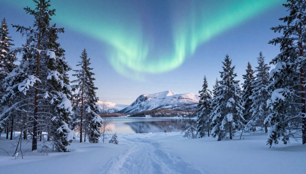 A panoramic view of Finland's borders featuring its neighboring countries: Sweden, Norway, and Russia, set in the scenic landscapes of Lapland. In the foreground, depict a serene forest of tall pines blanketed in soft, fluffy snow, with subtle traces of animal tracks leading towards the horizon. The middle ground should showcase a tranquil lake reflecting the clear blue sky, while distant mountains rise majestically under the northern lights, illuminating the scene with a mystical glow. Use soft, diffused lighting to create a peaceful atmosphere during twilight. The camera angle should be slightly elevated, capturing the vastness of the landscape while emphasizing the sense of connection between these neighboring countries.