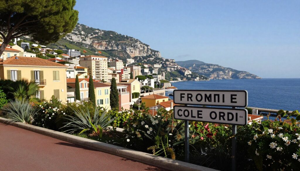 A panoramic view of the border between France and Monaco, showcasing the distinct landscape and architecture of both regions. In the foreground, depict lush Mediterranean vegetation and a well-maintained path leading towards the border with elegant signage marking the transition between the two nations. In the middle ground, illustrate the charming buildings of Monaco, with their traditional style and vibrant colors, harmoniously blending with the dramatic cliffs and azure sea. The background should feature the French countryside, with rolling hills and vineyards under a clear blue sky. Use soft, natural lighting to enhance the warm atmosphere, with a focus on capturing the serene relationship between the two territories. The composition should evoke a sense of tranquility and respect for the cultural significance of this unique border.