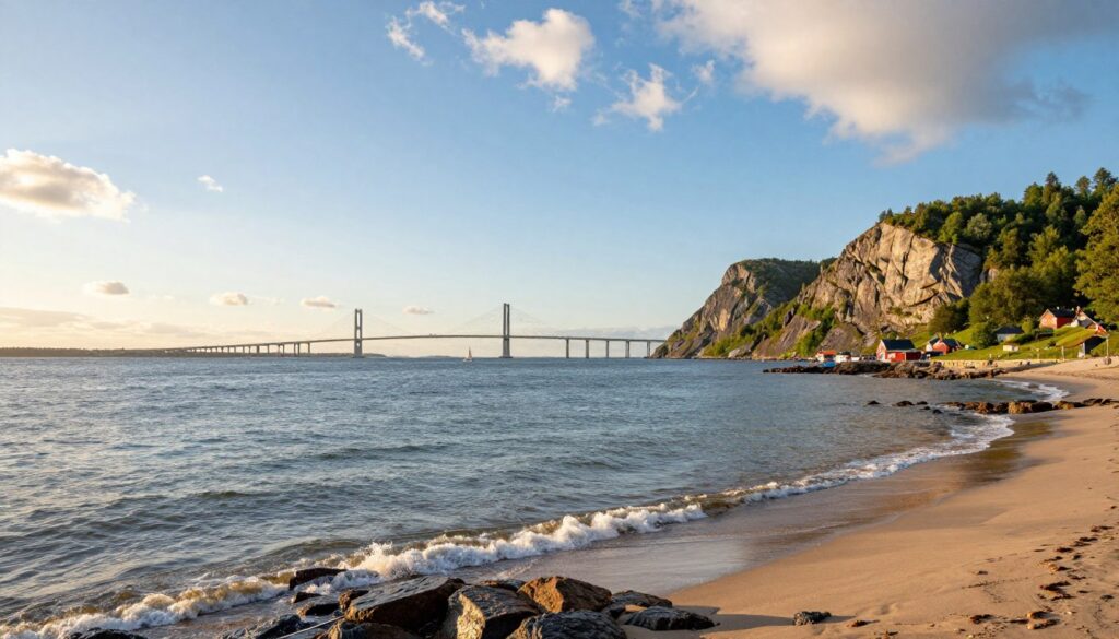 A panoramic view showcasing the maritime borders between Denmark, Sweden, and Norway. In the foreground, gentle waves lap against the rugged shores of Denmark adorned with soft, sandy beaches. The middle ground features the iconic Øresund Bridge connecting Denmark and Sweden, with sailboats gliding under a clear blue sky. On the right, the dramatic cliffside landscape of Norway rises, with lush greenery accentuating its height. Sunlight filters through scattered clouds, casting warm golden light over the scene, evoking a serene and inviting atmosphere. The composition captures a sense of unity and natural beauty, blending coastal elements from these three neighboring countries. The image should be vibrant and inviting, with a focus on realism and clarity, ensuring a captivating visual experience.