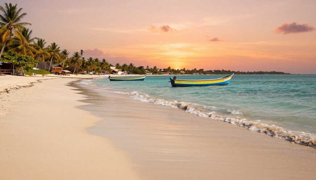A picturesque beach scene on Zanzibar during a beautiful low tide, capturing the natural phenomenon of "przypływy i odpływy." In the foreground, soft, damp sand reveals small tide pools glimmering under the afternoon sun, with gentle waves receding toward the horizon. In the middle ground, a few colorful local fishing boats are anchored, with vibrant hues contrasting against the turquoise water. In the background, lush palm trees frame the coastline, and distant views of Stone Town are softly silhouetted against a radiant sky filled with warm oranges and pinks, evoking a serene atmosphere. The lighting is warm and inviting, emphasizing the idyllic setting, and the perspective is slightly elevated, providing a panoramic view of the beautiful shoreline and the ebbing tides. A picturesque beach scene on Zanzibar during a beautiful low tide, capturing the natural phenomenon of "przypływy i odpływy." In the foreground, soft, damp sand reveals small tide pools glimmering under the afternoon sun, with gentle waves receding toward the horizon. In the middle ground, a few colorful local fishing boats are anchored, with vibrant hues contrasting against the turquoise water. In the background, lush palm trees frame the coastline, and distant views of Stone Town are softly silhouetted against a radiant sky filled with warm oranges and pinks, evoking a serene atmosphere. The lighting is warm and inviting, emphasizing the idyllic setting, and the perspective is slightly elevated, providing a panoramic view of the beautiful shoreline and the ebbing tides.