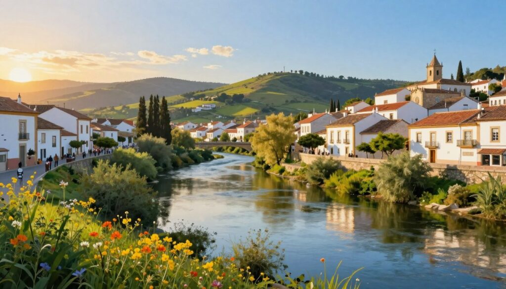 A picturesque landscape illustrating the border between Spain and Portugal. In the foreground, a serene river reflects the blue sky, flanked by lush greenery and vibrant wildflowers, symbolizing the natural beauty of the region. The middle ground features charming traditional villages on both sides, showcasing distinctive architecture, with whitewashed houses in Portugal and terracotta rooftops in Spain. Rolling hills rise in the background, under a soft golden sunset that casts a warm glow over the scene. The atmosphere is tranquil yet lively, capturing the essence of daily cooperation between the two nations. The painting style should evoke a sense of harmony and connection, emphasizing the landscape's natural beauty, without any human figures or text.