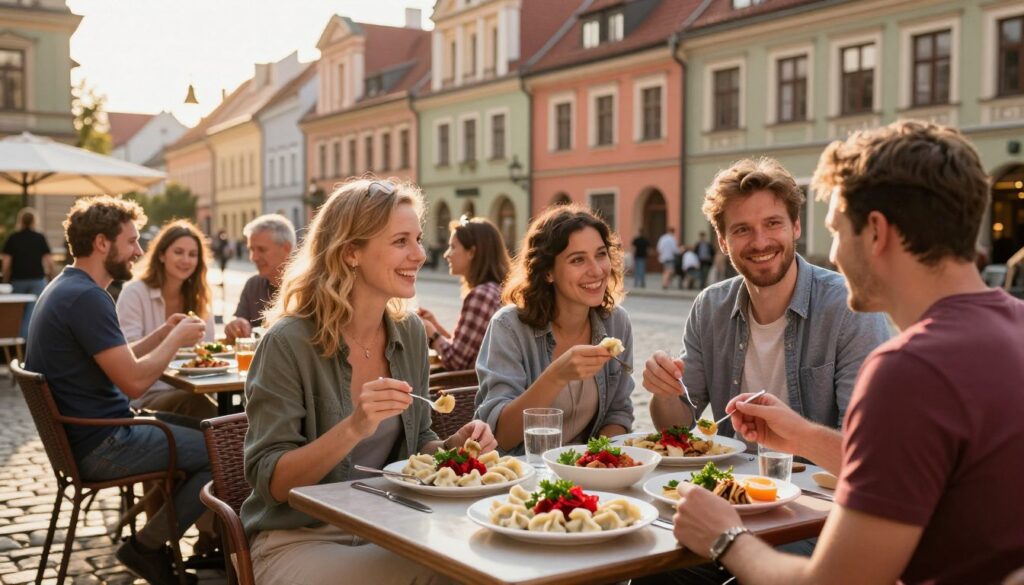 A picturesque scene of Stare Miasto in Olsztyn, Poland, bustling with visitors enjoying local cuisines at outdoor cafes. In the foreground, a charming café table is set with traditional Warmian dishes like pierogi and barszcz, garnished with fresh herbs. In the middle, groups of people in casual attire are engaging joyfully, with happy expressions and food in hand, embodying the spirit of community. In the background, historic buildings with colorful façades and cobblestone streets are illuminated by warm, golden sunlight, creating a welcoming atmosphere. The scene has a slight bokeh effect, emphasizing the lively interaction at the table, while soft shadows enhance the textures of the food and architecture. The overall mood is inviting and vibrant, perfect for a culinary experience after sightseeing.