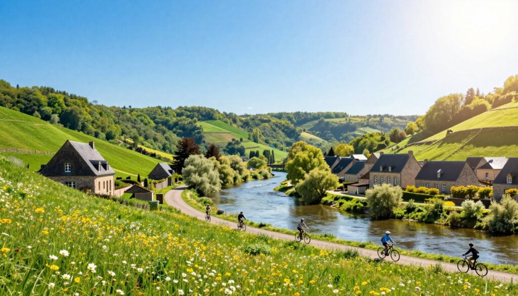 A picturesque scene of the border between Belgium and Luxembourg, showcasing a lush green landscape typical of the region. In the foreground, rolling hills and vibrant fields filled with wildflowers under a clear blue sky. On one side, a charming Belgian farmhouse with traditional architecture, and on the opposite side, a quaint Luxembourgish village with distinct stone houses. In the middle ground, a serene river peacefully flows, reflecting the sunlight, while a few cyclists can be seen enjoying the scenic route, dressed in casual, modest clothing. The background features a gentle gradient of hills under a bright sun that casts a warm, inviting light, enhancing the tranquil atmosphere. The overall mood is peaceful and idyllic, perfect for illustrating the lush borders of France with its neighboring countries.