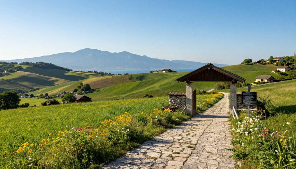 A picturesque scene of the eastern border of Italy with Slovenia, showcasing rolling hills and lush greenery under a bright blue sky. In the foreground, a rustic stone pathway leads toward a charming border checkpoint, adorned with traditional architecture and surrounded by vibrant wildflowers. In the middle ground, fields stretch out with the silhouette of distant mountains marking the border. In the background, glimpses of the Adriatic Sea sparkle in the sunlight, hinting at the gateway to the coast. The lighting is warm and inviting, conveying a serene atmosphere with soft shadows. Capture the essence of a tranquil border area, emphasizing natural beauty and regional characteristics.