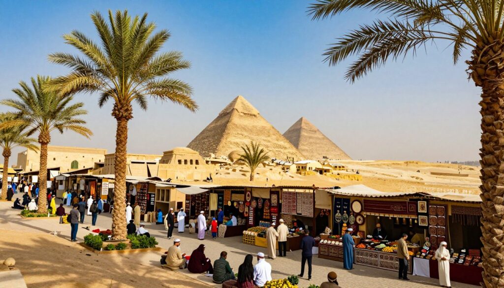 A picturesque view of a safe and inviting region in Egypt, featuring clear blue skies and lush palm trees in the foreground. In the middle, showcase a vibrant local marketplace bustling with well-dressed tourists exploring charming stalls filled with traditional crafts and fresh produce. In the background, depict iconic Egyptian architecture, such as an ancient temple or pyramid, framed by the golden sands of the desert. Soft, warm lighting enhances the inviting atmosphere, suggesting a pleasant day. The angle is slightly elevated, giving a broad view of the scene to reflect both safety and cultural richness. The overall mood is harmonious and welcoming, representing the safe areas of Egypt to visit.