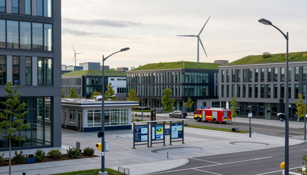 A resilient urban landscape illustrating infrastructure stability and safety. In the foreground, a modern city square with robust buildings made of steel and glass, showcasing integrated technology like smart streetlights and traffic monitoring systems. The middle ground features emergency services, such as a police station and fire department, as well as well-placed public information kiosks. In the background, a skyline with wind turbines and green roofs symbolizes sustainability. Soft, natural lighting highlights the scene, creating a serene yet vigilant atmosphere. The angle is slightly elevated, capturing the interconnectedness of urban elements. Ensure the depiction remains professional, and void of any people or text overlays, focusing solely on the built environment's resilience.
