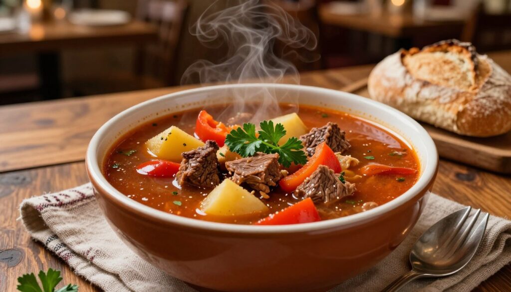 A rustic wooden table is set with a vibrant bowl of gulyás zupa, a traditional Hungarian goulash soup, steaming and rich in color. The soup is filled with tender chunks of beef, potatoes, and colorful bell peppers, garnished with fresh parsley. In the background, there are subtle hints of a cozy Budapest café atmosphere, with warm lighting that casts a soft glow over the scene. The table is adorned with a rustic cloth, and beside the bowl, there’s a crusty loaf of fresh bread. Capture the essence of Hungarian cuisine, focusing on the deep, inviting hues of the dish and the comforting, homely vibe of the setting. The camera should angle slightly from above to beautifully showcase the details of the soup, creating a warm and inviting mood.