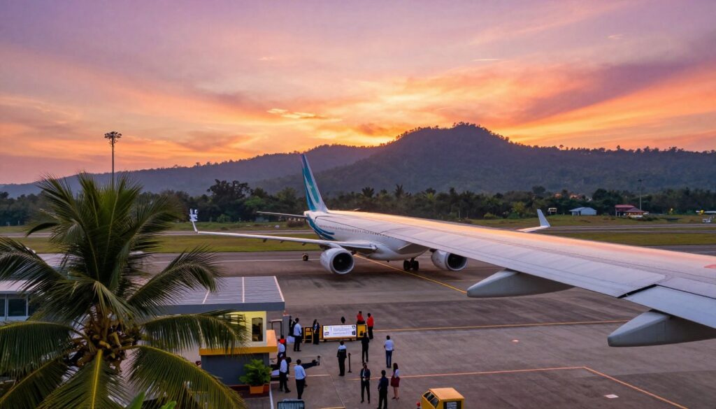 A scenic aerial view of a Sri Lankan airport at sunset, with a large airplane taxiing on the runway, showcasing a vibrant sky filled with hues of orange, pink, and purple. In the foreground, lush green palm trees frame the scene, while a small group of business travelers in professional attire eagerly awaits their departure at the terminal. The middle ground features well-maintained airport facilities, with friendly staff assisting passengers. In the background, the stunning silhouette of Sri Lanka’s mountainous landscape is visible, accentuated by the last rays of sunlight. Capture a vivid, warm atmosphere of excitement and anticipation, emphasizing travel and adventure. The lighting should produce a soft glow, creating an inviting and optimistic mood in the scene. The angle should focus on the airplane's wing while showcasing the picturesque landscape below. A scenic aerial view of a Sri Lankan airport at sunset, with a large airplane taxiing on the runway, showcasing a vibrant sky filled with hues of orange, pink, and purple. In the foreground, lush green palm trees frame the scene, while a small group of business travelers in professional attire eagerly awaits their departure at the terminal. The middle ground features well-maintained airport facilities, with friendly staff assisting passengers. In the background, the stunning silhouette of Sri Lanka’s mountainous landscape is visible, accentuated by the last rays of sunlight. Capture a vivid, warm atmosphere of excitement and anticipation, emphasizing travel and adventure. The lighting should produce a soft glow, creating an inviting and optimistic mood in the scene. The angle should focus on the airplane's wing while showcasing the picturesque landscape below.