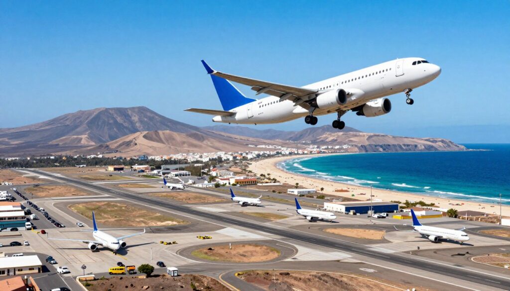 A scenic aerial view showcasing the contrast between direct flights and layover connections. In the foreground, an airplane soaring high in the blue sky, capturing the essence of a direct route. The middle ground features a bustling airport with planes on runways, emphasizing the choices travelers face. In the background, a vibrant landscape of Fuerteventura's beaches and mountains under bright sunlight, invoking a sense of adventure and wanderlust. The lighting is bright and clear, suggesting a sunny travel day. The atmosphere is optimistic and energetic, symbolizing the excitement of direct flights versus the delays of layovers. The image should focus on the aviation theme without any captions or human subjects, conveying a clear distinction between the two travel options.