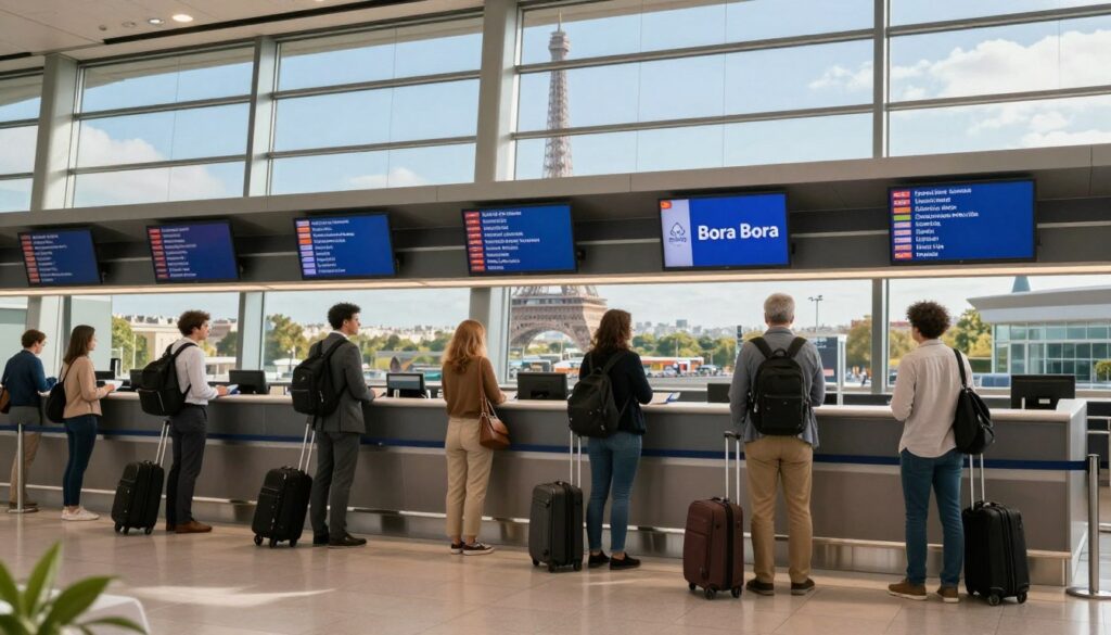 A scenic travel-themed image depicting a charming Parisian airport terminal, with travelers in professional business attire and modest casual clothing checking in for a flight to Bora Bora. In the foreground, a diverse group of passengers stands with luggage, looking at flight information. The middle ground features a sleek modern check-in counter with digital screens displaying destinations, including Bora Bora prominently. The background showcases large panoramic windows revealing a beautiful view of Paris, with the Eiffel Tower subtly visible under a clear blue sky. Soft natural light illuminates the terminal, creating a warm, inviting atmosphere, with the overall mood emphasizing excitement and anticipation for a dream vacation.