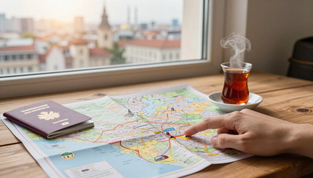 A scenic view of a traveler planning an exciting trip to Turkey from Katowice, depicting an organized travel map spread out on a wooden table, with colorful travel guides and a passport neatly arranged beside a steaming cup of Turkish tea. In the foreground, a hand points at a specific location on the map. The middle ground features a window revealing a sunny urban skyline of Katowice, hinting at the journey’s starting point. In the background, a faint silhouette of a Turkish landscape can be seen, representing the destination. The lighting is warm and inviting, creating a mood of anticipation and adventure. The image captures the essence of planning and excitement for a smooth journey, framed with a cozy atmosphere.