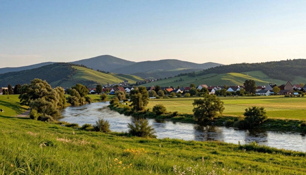 A scenic view of the Germany-Poland border, showcasing the natural landscape that defines the boundary. In the foreground, depict a tranquil river gently winding between lush green meadows. Include various trees and wildflowers along the riverbank to enhance the serene atmosphere. The middle ground features rolling hills, dotted with quaint villages, illustrating the cultural exchange between Germany and Poland. In the background, portray the silhouette of the distant mountains under a clear blue sky during golden hour, casting warm, soft lighting across the scene. The overall mood should convey a sense of harmony and peaceful coexistence, ideal for highlighting the significance of the border for the surrounding regions.