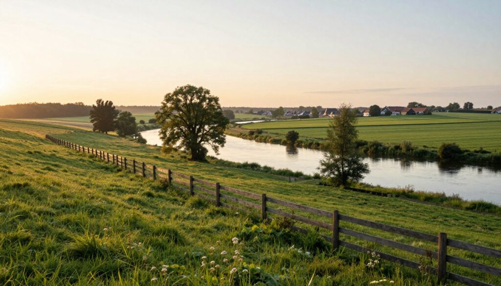 A scenic view of the land border between Denmark and Germany, showcasing a lush, green landscape at dawn. In the foreground, a gentle rolling hill leads into a wooden fence marking the boundary, adorned with small wildflowers and grasses. In the middle, a serene river flows between both countries, reflecting the soft morning light. A few trees stand tall along the riverbanks, their leaves shimmering in golden hues as the sun rises. In the background, the distant silhouette of a small Danish village emerges against the horizon, while German farmlands stretch outward, dotted with farmhouses. The atmosphere is peaceful and idyllic, capturing the essence of the border region. Use a wide-angle lens to bring depth to the scene, emphasizing the tranquility and natural beauty of this boundary area.