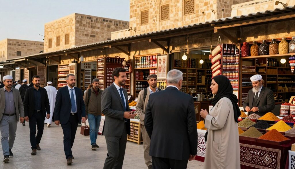 A serene Jordanian marketplace scene during the golden hour, showcasing a blend of cultural practices and modest attire. In the foreground, a diverse group of travelers wearing professional business attire and modest casual clothing engages respectfully with local vendors. The middle ground features colorful stalls displaying traditional crafts and spices, emphasizing cultural exchange. A backdrop of ancient stone architecture adds depth, bathed in warm, inviting sunlight. The atmosphere conveys a sense of safety and mutual respect, with gentle smiles exchanged between locals and visitors. Use a wide-angle lens to capture the lively interactions and the rich textures of the marketplace, highlighting the importance of cultural awareness and appropriate behavior while traveling.