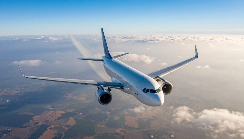 A serene aerial view of a passenger airplane cruising high above a picturesque landscape, capturing the essence of flight time to Egypt. In the foreground, the airplane is shown slightly tilted, wings spread wide, with visible contrails streaming behind it. The middle ground features a blend of clouds in varying shades of white and blue, emphasizing altitude and tranquility. In the background, faint outlines of distant land with hints of green and tan desert terrain are visible under a bright blue sky. The lighting is warm and inviting, creating a sense of optimism and adventure. The atmosphere conveys a smooth journey and anticipation for the destination. The scene is well-composed to evoke the theme of travel time and its significance, without any text or distractions.