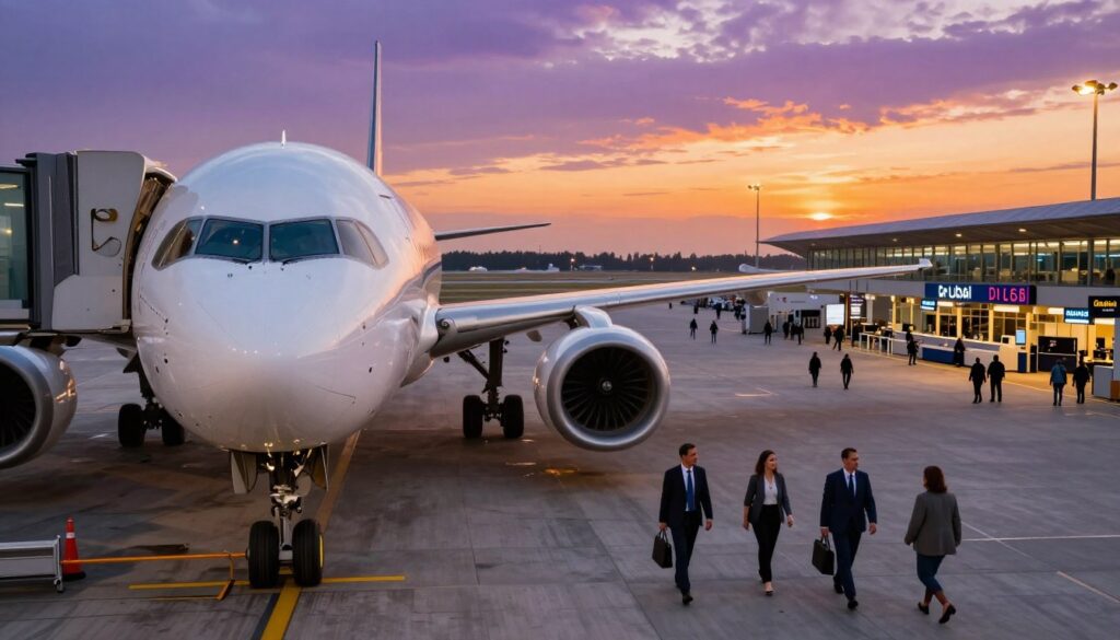A serene airport scene illustrating a direct flight connection to Dubai from Warsaw. In the foreground, a modern airplane is parked at a terminal, featuring sleek lines and a polished fuselage. Passengers in professional business attire are boarding the aircraft, showcasing a diverse demographic with a focus on comfort and anticipation. In the middle ground, the terminal is bustling with travelers, with visible signs indicating flight information to Dubai, including check-in counters and departure boards. The background displays a vibrant sunset illuminating the sky, casting warm orange and purple hues over the scene. The lighting is soft yet bright, enhancing the atmosphere of excitement and travel. The angle captures both the airplane and the terminal, evoking a sense of adventure and convenience.