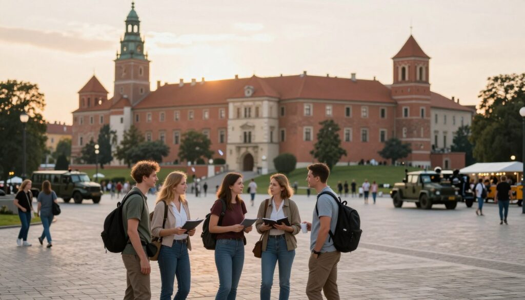 A serene and informative depiction of Poland's current security situation against the backdrop of regional conflict. In the foreground, a group of diverse tourists dressed in modest casual clothing, discussing and planning their sightseeing itinerary, exuding a sense of harmony and safety. The middle ground features iconic landmarks such as Wawel Castle and a peaceful city square, where locals and tourists interact in a friendly manner. In the background, soft-focus scenes of military presence, such as a patrol or humanitarian efforts, ensure a sense of composure rather than alarm. The lighting is warm and inviting, with a golden hour sunset casting a hopeful glow over the scene. The atmosphere is one of reassurance, with an emphasis on Poland as a safe destination amidst regional challenges.