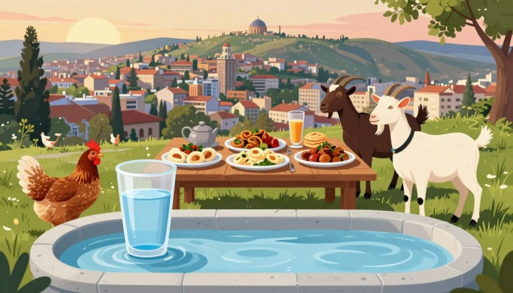 A serene and informative illustration representing health safety in Georgia, focusing on Tbilisi's urban landscape. In the foreground, include a clean, inviting water source with a glass of fresh water, symbolizing safe drinking conditions. The middle layer should feature a visually appealing array of traditional Georgian food, meticulously presented on a rustic table. Surrounding this, add healthy animals, like goats or chickens, implying safe interactions with local wildlife. In the background, softly depict the distant hills of Tbilisi under warm, natural lighting at dusk, creating a calm and reassuring atmosphere. Ensure the scene conveys a sense of safety and wellness, with vibrant colors and clean lines, suitable for an article on health security.