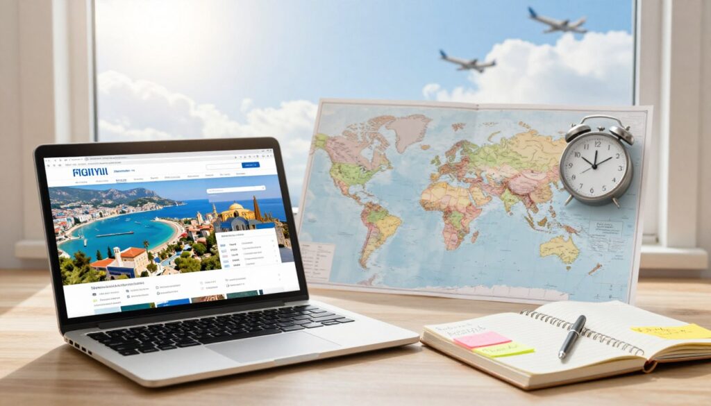 A serene and inviting travel scene depicting a split-composition layout that visually represents booking flights and planning vacations. In the foreground, a stylish laptop is open displaying a flight booking website with vibrant images of Antalya's beaches and landmarks. Beside it, a travel planner notebook filled with colorful sticky notes indicating essential travel tips. In the middle ground, a world map is spread out, with a clock showing ideal booking times subtly drawn in. The background features a window with a bright, sunny sky and airplane clouds, creating an optimistic mood. Soft, natural lighting illuminates the scene, enhancing the sense of anticipation and organization. The overall atmosphere is calm and inspiring, ideal for planning a stress-free vacation. A serene and inviting travel scene depicting a split-composition layout that visually represents booking flights and planning vacations. In the foreground, a stylish laptop is open displaying a flight booking website with vibrant images of Antalya's beaches and landmarks. Beside it, a travel planner notebook filled with colorful sticky notes indicating essential travel tips. In the middle ground, a world map is spread out, with a clock showing ideal booking times subtly drawn in. The background features a window with a bright, sunny sky and airplane clouds, creating an optimistic mood. Soft, natural lighting illuminates the scene, enhancing the sense of anticipation and organization. The overall atmosphere is calm and inspiring, ideal for planning a stress-free vacation.