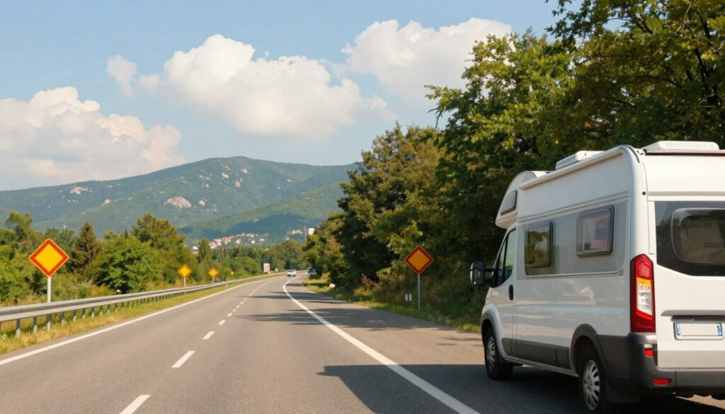 A serene highway scene in Serbia, showcasing safe driving conditions. In the foreground, a well-maintained car and a camper van are parked beside a scenic viewpoint, highlighting safety features like reflective road signs and properly marked lanes. The middle ground features a gently winding asphalt road framed by lush green trees and picturesque mountains in the distance, under a bright blue sky with fluffy white clouds. The lighting is warm and inviting, simulating a sunny day to create a positive and reassuring atmosphere. The focus is sharp, captured with a slight wide-angle lens to emphasize the spaciousness of the environment. Overall, the image conveys a sense of tranquility and safety for travelers exploring Serbia's roads.
