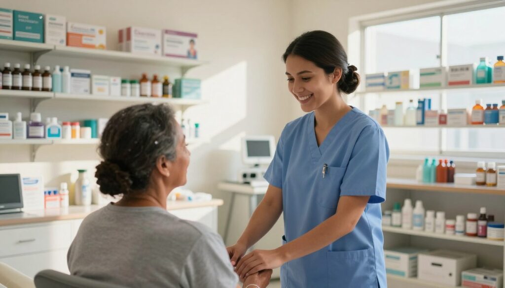 A serene medical facility setting in Cuba, showcasing a brightly lit clinic interior. In the foreground, a professional nurse in smart scrubs is attending to a patient, who appears relieved and healthy. The nurse is providing care with a warm smile, creating an atmosphere of trust and competence. In the middle ground, shelves filled with neatly organized medical supplies and a well-stocked pharmacy area are visible, emphasizing accessibility to healthcare. The background features a window with sunlight streaming in, casting a warm glow across the room. The overall mood is reassuring and professional, highlighting the importance of medical care in Cuba. The angle captures a balanced view of the space, ensuring a sense of order and cleanliness in the healthcare environment.