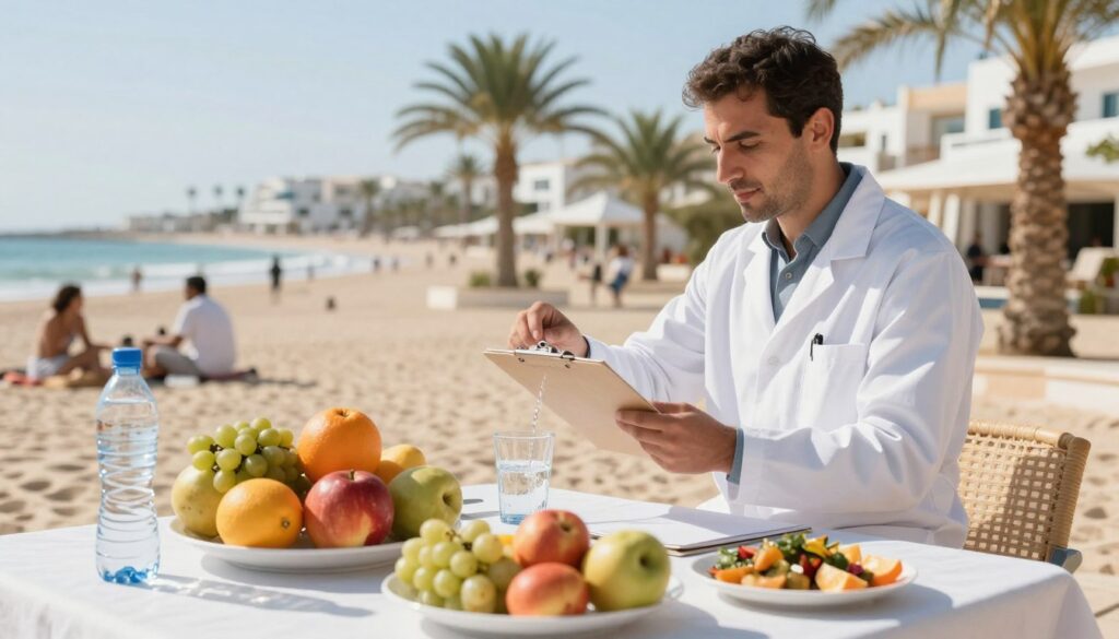 A serene outdoor scene depicting a clean and safe Tunisian environment focused on health and sanitation. In the foreground, a table set with fresh, colorful fruits and hygienically prepared dishes, with a glass of clear bottled water glistening in the sunlight. The middle ground features a healthcare professional in a white coat, checking the quality of water with a clipboard, embodying trust and safety. In the background, sun-drenched beach resorts with green palm trees and people enjoying the sun in casual, modest clothing. The atmosphere is bright and inviting, with soft lighting highlighting the beauty of Tunisia. Capture a warm, reassuring mood that emphasizes safety and health, with slightly elevated angles to convey an expansive view of the scene. A serene outdoor scene depicting a clean and safe Tunisian environment focused on health and sanitation. In the foreground, a table set with fresh, colorful fruits and hygienically prepared dishes, with a glass of clear bottled water glistening in the sunlight. The middle ground features a healthcare professional in a white coat, checking the quality of water with a clipboard, embodying trust and safety. In the background, sun-drenched beach resorts with green palm trees and people enjoying the sun in casual, modest clothing. The atmosphere is bright and inviting, with soft lighting highlighting the beauty of Tunisia. Capture a warm, reassuring mood that emphasizes safety and health, with slightly elevated angles to convey an expansive view of the scene.