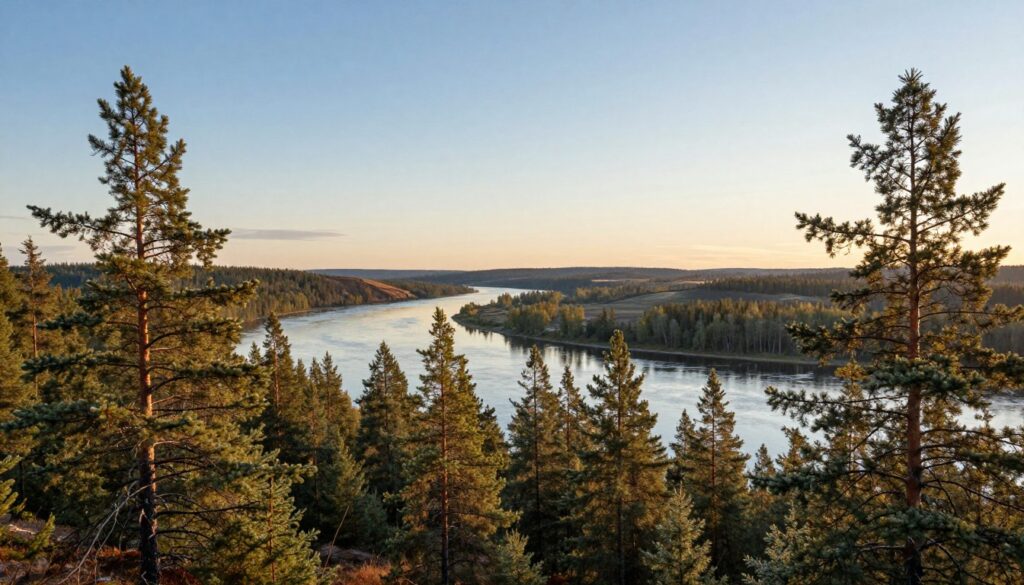 A serene, panoramic view of the Finland-Russia border, showcasing the natural beauty of the region. In the foreground, a lush forest line with dew-kissed pine trees gently swaying in the wind. The middle ground features a tranquil river reflecting the soft light of a setting sun, its golden rays casting a warm glow over the landscape. In the background, the Russian side displays rolling hills and distant mountains under a clear blue sky. The lighting is warm and inviting, suggesting late afternoon, with shadows elongating across the scenery. The atmosphere evokes a sense of peace and security, capturing the essence of the border's historical significance and natural beauty, while emphasizing the relationship between Finland and Russia.