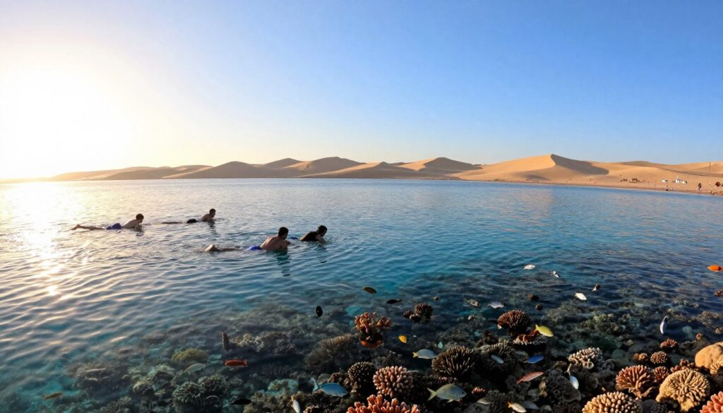 A serene scene depicting the Red Sea coastline in Hurghada, Egypt. In the foreground, a small group of tourists in modest casual clothing is enjoying snorkeling, with colorful coral reefs visible underwater. The middle ground features clear blue water reflecting sunlight, showcasing a diverse range of fish swimming among the coral. In the background, gently rolling sand dunes and a bright blue sky create a tranquil atmosphere. The sun is setting, casting a warm golden glow over the landscape, enhancing the peaceful vibe. Use a wide-angle lens to capture the expansive beauty of the scene, highlighting both the clarity of the water and the vivid colors of marine life, creating an inviting yet safe environment for tourists.