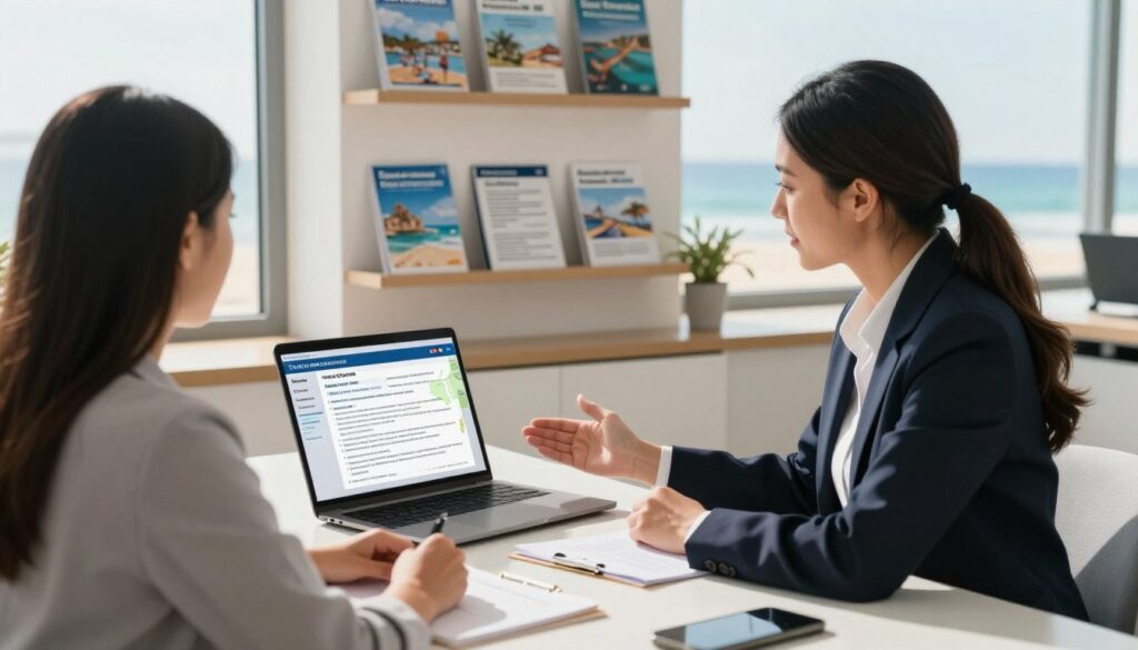 A serene travel insurance scene, featuring a professional travel agent in a modern office, dressed in business attire, discussing policies with a couple seated at a sleek desk. In the foreground, there is a detailed open laptop displaying policy documents and maps of Hurghada. The middle background features shelves adorned with brochures about safe travel tips and insurance plans. In the far background, a large window shows a sunny view of a beach, creating a bright and optimistic atmosphere. Soft, natural lighting illuminates the scene, casting gentle shadows. The angle is slightly elevated, providing a comprehensive view of the interaction and conveying a sense of preparedness and security in travel arrangements.