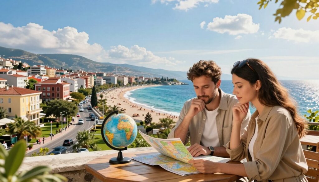 A serene travel scene depicting a split view of Tirana and the Adriatic coast. In the foreground, a man and woman, dressed in smart casual clothes, study a travel map on a wooden table with a small globe beside them. Their expressions show contemplation and decision-making. In the middle ground, on one side, the vibrant cityscape of Tirana with colorful buildings, green parks, and bustling streets; on the other side, the tranquil blue waves of the Adriatic, dotted with sunlit beaches and distant hills. The background features a bright blue sky with soft fluffy clouds, enhancing a sense of adventure. The lighting is warm and inviting, evoking a cheerful mood suitable for travel planning. Capture this scene with a wide-angle lens, providing depth and clarity. A serene travel scene depicting a split view of Tirana and the Adriatic coast. In the foreground, a man and woman, dressed in smart casual clothes, study a travel map on a wooden table with a small globe beside them. Their expressions show contemplation and decision-making. In the middle ground, on one side, the vibrant cityscape of Tirana with colorful buildings, green parks, and bustling streets; on the other side, the tranquil blue waves of the Adriatic, dotted with sunlit beaches and distant hills. The background features a bright blue sky with soft fluffy clouds, enhancing a sense of adventure. The lighting is warm and inviting, evoking a cheerful mood suitable for travel planning. Capture this scene with a wide-angle lens, providing depth and clarity.