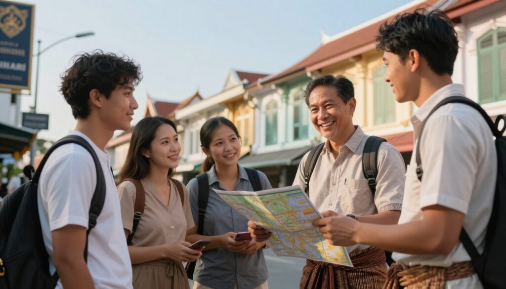 A serene urban setting in Thailand, highlighting the essence of safety and cultural awareness. In the foreground, a group of diverse travelers dressed in modest casual clothing engages with a friendly local man in traditional attire, exchanging smiles as they consult a city map. In the middle ground, characteristic Thai architecture showcases colorful buildings and decorative elements, symbolizing the rich culture. In the background, a clear blue sky with soft, warm sunlight bathes the scene, imparting an inviting atmosphere. The angle is slightly skewed to bring focus on the interaction while capturing the vibrancy of the surroundings. The image conveys a sense of community, understanding, and respect, ideal for illustrating cultural norms and safety practices.