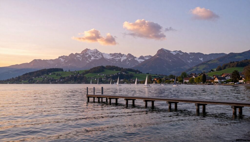 A serene view of Lake Constance (Jezioro Bodeńskie) at sunrise, with gentle waves reflecting the soft golden light. In the foreground, a wooden pier stretches into the calm water, dotted with small sailboats ready for a day of sailing. Just beyond, lush green hills rise into the background, interspersed with quaint villages. The majestic Alps form a stunning backdrop, their peaks dusted with snow, creating a sense of tranquility. A few fluffy clouds float in the pastel sky, enhancing the peaceful atmosphere. Capture this scene from a low angle close to the water's edge, emphasizing the natural beauty and serenity of the region.