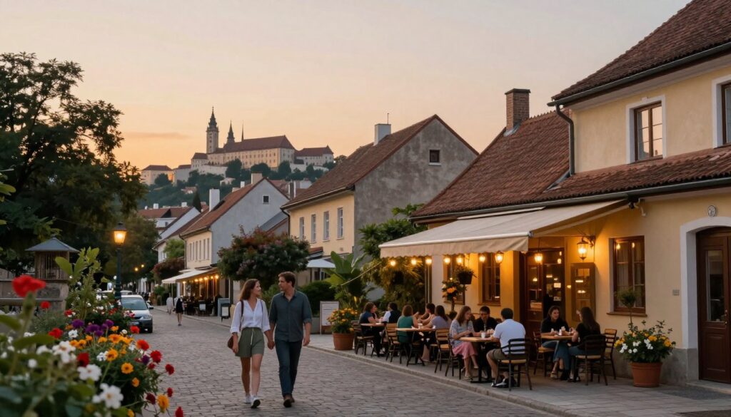 A serene view of a safe neighborhood in Budapest during the golden hour, highlighting charming streets lined with quaint houses and vibrant flowers. In the foreground, a couple dressed in modest casual clothing strolls hand-in-hand, enjoying the peaceful atmosphere. The middle ground features a small café with outdoor seating, where people converse and relax, under the warm glow of lanterns. In the background, the iconic silhouette of the Buda Castle can be seen against a clear sky, bathed in the soft orange light of sunset. The overall mood is tranquil and inviting, evoking a sense of safety and community within the city. The image captures the essence of a secure environment, perfect for families and visitors alike.