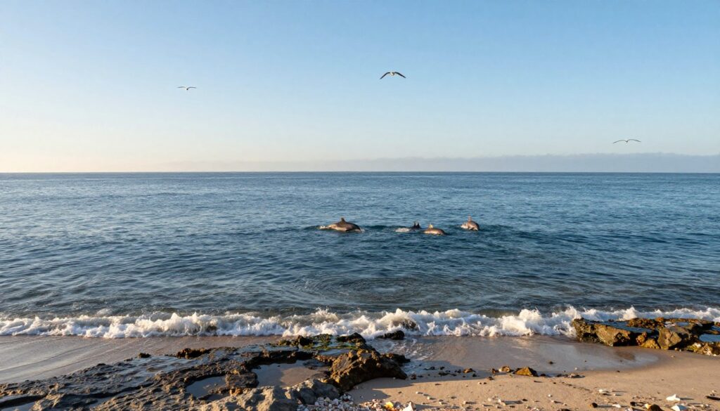 A serene view of the Pacific Ocean, showcasing its vast expanse under a clear blue sky. In the foreground, gentle waves lap against a rocky shore, with patches of soft white sand and scattered seashells. Midway, a variety of marine life is visible, such as dolphins playfully breaching the surface, while seabirds soar gracefully overhead. The background features distant, hazy ocean horizons merging with the sky, creating a feeling of openness. The image is bathed in warm golden light, simulating a late afternoon glow that casts soft shadows and enhances the tranquil atmosphere. Capture the essence of peace and vastness that characterizes the Pacific Ocean, without any human presence or text. A serene view of the Pacific Ocean, showcasing its vast expanse under a clear blue sky. In the foreground, gentle waves lap against a rocky shore, with patches of soft white sand and scattered seashells. Midway, a variety of marine life is visible, such as dolphins playfully breaching the surface, while seabirds soar gracefully overhead. The background features distant, hazy ocean horizons merging with the sky, creating a feeling of openness. The image is bathed in warm golden light, simulating a late afternoon glow that casts soft shadows and enhances the tranquil atmosphere. Capture the essence of peace and vastness that characterizes the Pacific Ocean, without any human presence or text.