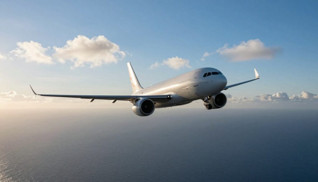 A sleek airplane soaring through a clear blue sky over the Mediterranean Sea, symbolizing the distance between Poland and Tunisia. In the foreground, an airplane silhouette at a slight angle, showcasing its wings gliding effortlessly. The middle ground features a serene horizon line where the ocean meets the sky, illustrating the vastness of the journey. In the background, soft, wispy clouds scatter across the sky, with sunlight filtering through, creating a warm and inviting atmosphere. The scene is captured from a dynamic angle, simulating the feeling of flight, with a focus on the airplane’s details, like the engines and fuselage, emphasizing the technical aspects of travel time between the two countries. The overall mood is one of adventure and exploration, reflecting the excitement of air travel.