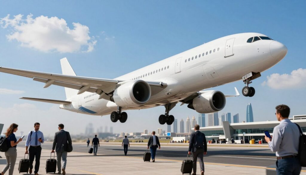 A sleek modern airplane taking off into a bright blue sky, showcasing the essence of airline travel. In the foreground, capture the airplane's polished fuselage glinting in sunlight, with a few fluffy white clouds around it. In the middle ground, display a bustling airport terminal with travelers in professional business attire and modest casual clothing, carrying luggage and checking flight information on their smartphones. In the background, vivid hints of distant skyscrapers suggest a vibrant city like Dubai. The lighting is bright and inviting, creating a sense of excitement and anticipation for the journey ahead. Focus on a dynamic angle, emphasizing the airplane's ascent, to evoke feelings of adventure and efficiency in air travel.