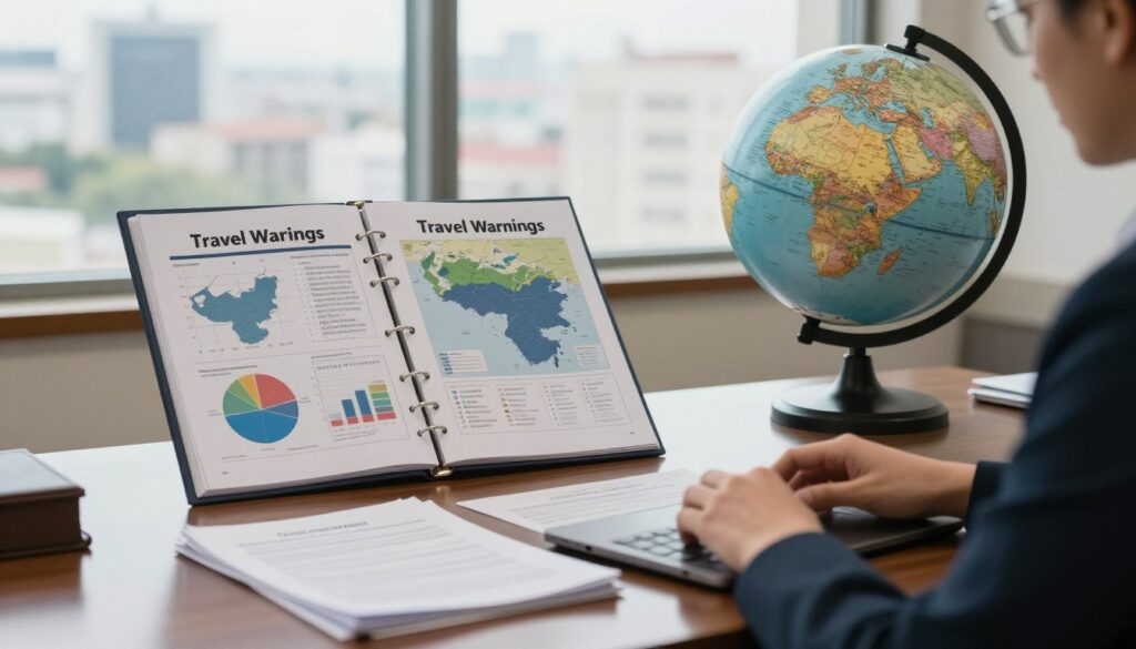 A sophisticated, informative scene depicting a professional government office focused on travel safety communications. In the foreground, a polished wooden desk with a laptop and travel documents spread out, suggesting careful planning. In the middle ground, an open binder labeled “Travel Warnings” with various graphs and maps showing regions of Venezuela; a globe with highlighted areas indicating safety concerns. In the background, a window revealing an urban landscape, bathed in soft, natural light suggesting a hopeful atmosphere. The overall color palette should be muted but warm, conveying professionalism and seriousness. Capture the mood of careful consideration and diligence, without any text or people present, ensuring a clean and focused visual narrative. A sophisticated, informative scene depicting a professional government office focused on travel safety communications. In the foreground, a polished wooden desk with a laptop and travel documents spread out, suggesting careful planning. In the middle ground, an open binder labeled “Travel Warnings” with various graphs and maps showing regions of Venezuela; a globe with highlighted areas indicating safety concerns. In the background, a window revealing an urban landscape, bathed in soft, natural light suggesting a hopeful atmosphere. The overall color palette should be muted but warm, conveying professionalism and seriousness. Capture the mood of careful consideration and diligence, without any text or people present, ensuring a clean and focused visual narrative.