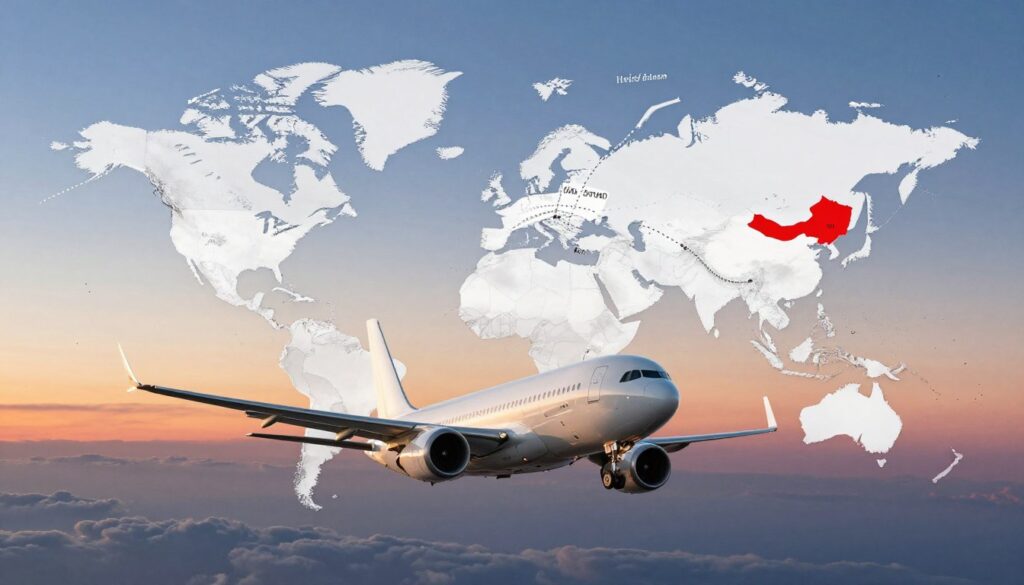 A split image showcasing the distance between Poland and the USA, emphasizing flight times. In the foreground, an airplane soaring above clouds, symbolize connection, depicted in sharp detail with sleek jet design. In the middle layer, a world map with Poland and the USA highlighted, featuring travel routes illustrated with dotted lines, showing distance in kilometers. The background should be a vibrant sky transitioning from day to twilight, symbolizing time zones, with contrasting light on each side of the map. Aim for a professional, informative atmosphere, with lighting that emphasizes clarity and maps' colors that are bright yet muted to maintain focus on the distances. No text or branding elements present.