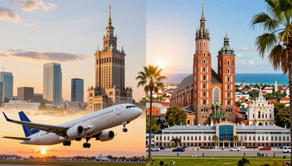 A split-screen image contrasting two Polish cities, Warsaw and Kraków, showcasing their respective airports—Warsaw's Chopin Airport on the left and Kraków's John Paul II Airport on the right. In the foreground, a modern airplane is depicted taking off against a vibrant sunset, symbolizing travel to Bali. In the middle, representative landmarks from each city are artistically portrayed, such as the Warsaw Palace of Culture and the Wawel Castle. The background features a lush tropical landscape of Bali with palm trees and ocean views. The lighting is warm and inviting, evoking a sense of adventure and excitement about the journey. The atmosphere is uplifting, capturing the essence of travel and exploration without any text or logos.