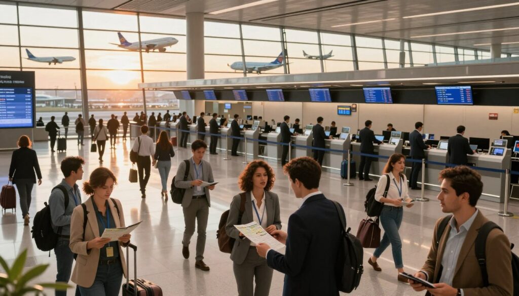 A striking scene depicting a modern airport terminal bustling with travelers planning their journeys. In the foreground, a diverse group of people in professional business attire and modest casual clothing consult flight schedules and maps, exuding a sense of determination and excitement. In the middle ground, check-in kiosks and travel information desks highlight the airport's infrastructure, while suited staff assist passengers. The background features large windows revealing planes taking off and landing, with a warm sunset casting a golden hue over the scene, creating a dynamic and optimistic atmosphere. The image should be captured with a wide-angle lens to encompass the busy terminal environment, emphasizing both the human element and the airport's energy.