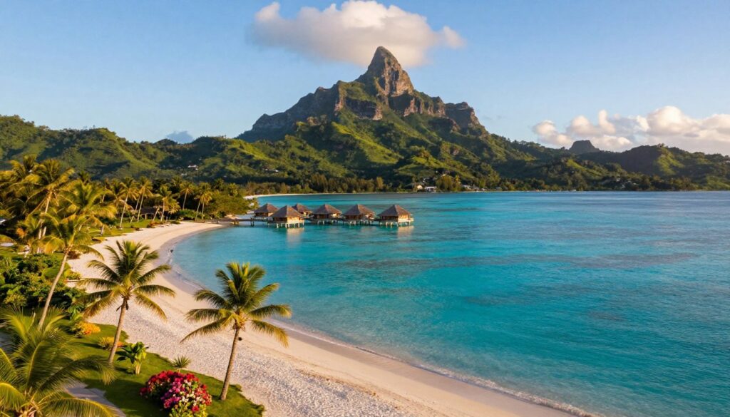 A stunning aerial view of Bora Bora, capturing its iconic turquoise lagoon surrounded by lush green mountains and white sandy beaches. In the foreground, a pristine beach with palm trees gently swaying in the breeze, while vibrant tropical flowers add pops of color. The middle ground features a traditional Polynesian overwater bungalow extending into the lagoon, showcasing its unique architecture. In the background, dramatic mountains rise against a clear blue sky, with soft, fluffy clouds scattered above. The lighting is warm and golden, suggesting a late afternoon glow, enhancing the tranquil and idyllic atmosphere. The angle should be slightly tilted to emphasize the lagoon's shape and depth, creating a sense of immersion in this remote paradise, evoking the allure and logistical challenges of traveling to such a distant destination.