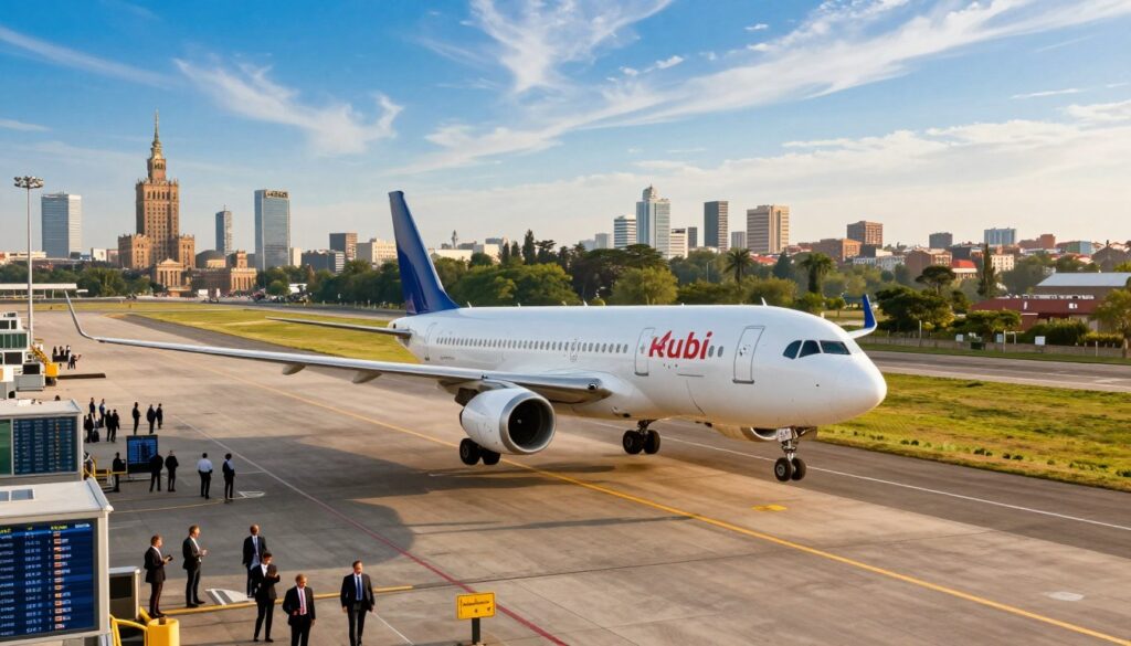 A stunning aerial view of a bustling airport scene representing the flight route from Warsaw to Nairobi. In the foreground, a modern airplane is gracefully taking off, with clear blue skies and wispy clouds. The middle ground showcases the airport terminal teeming with travelers in professional business attire, diligently checking flight information. The background features landscapes symbolic of both cities: on one side, Warsaw's iconic skyline with its historical architecture, and on the other, Nairobi's vibrant cityscape with lush greenery. The lighting is warm and inviting, capturing the late afternoon sun. The atmosphere conveys a sense of adventure and connectivity, highlighting the journey between these two distinct cultures. The image is crisp and vibrant, shot from a slightly upward angle to emphasize the airplane's ascent.