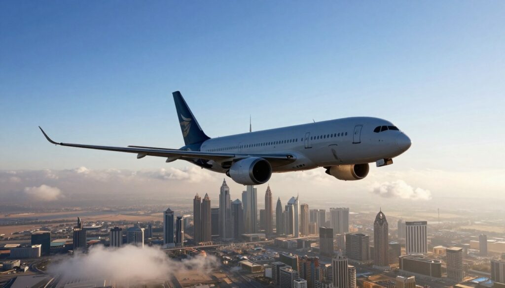 A stunning aerial view of an airplane soaring through a clear blue sky, symbolizing the flight duration from Warsaw to Dubai. In the foreground, depict the sleek silhouette of a modern jetliner, its wings gracefully spread and casting a subtle shadow. The middle ground should feature a panoramic view of a vibrant skyline with iconic skyscrapers, suggesting Dubai’s architectural grandeur. In the background, fluffy white clouds drift lazily, enhancing the feeling of altitude. The lighting is warm and bright, as if capturing the midday sun, with soft shadows adding depth. The atmosphere is one of adventure and anticipation, inviting viewers to explore the journey ahead. No text or overlays are present, focusing purely on the visual narrative of travel.