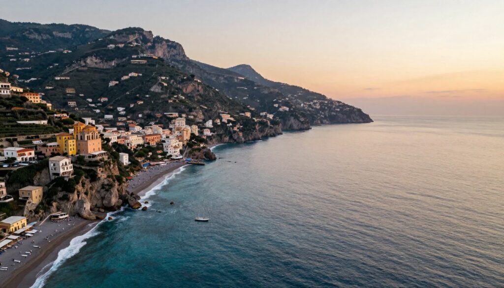A stunning aerial view of the Mediterranean Sea coastline of Italy, emphasizing its unique features such as rugged cliffs, sandy beaches, and lush greenery. In the foreground, gentle waves softly lap against the shore, with small boats sailing peacefully in the crystal-clear waters. Transitioning into the middle ground, picturesque coastal towns with vibrant buildings dot the landscape, showcasing varying architectural styles influenced by their history. The background features a serene horizon where the sky meets the sea at sunset, casting warm golden hues over the landscape. Soft, diffused lighting enhances the tranquil mood of the scene, evoking a sense of serenity and harmony with nature. The angle captures the breathtaking expanse of Italy's maritime borders, perfectly illustrating its enchanting relationship with the Mediterranean basin.